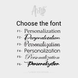 Font chart for personalizing the olive wood utensil holder showing six text styles