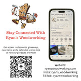 Stay connected card with QR code and social media handles for the shop's giveaways and new items