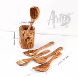 Olive wood utensil set with measurements, holder about 15 cm tall and utensils about 30 cm long