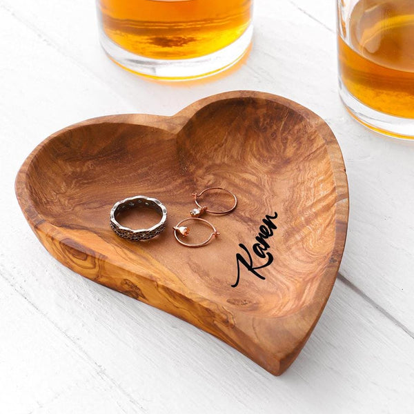 Handmade Olive Wood Heart Dish: Personalized Trinket Key Tray