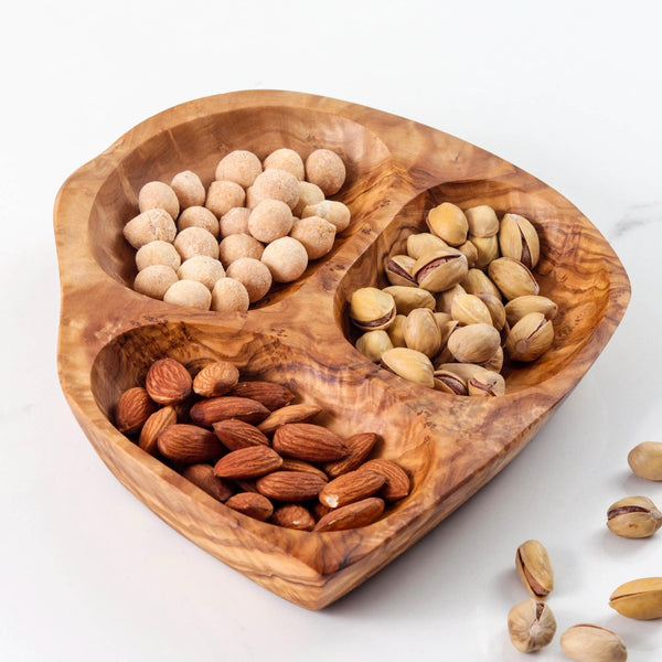 Handmade Olive Wood Appetizer Plate: 3-Section Serving Tray (22 cm)