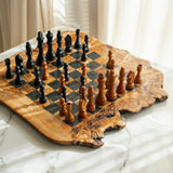 Handmade olive wood chess set with rough live edges and full set of wooden chess pieces