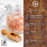 Why olive wood card beside a scoop of pink salt, noting it is durable, unique, organic and sustainable