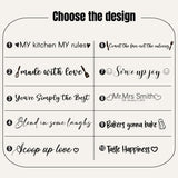 Design chart with twelve kitchen phrases to engrave on the corner spoon, such as Made with love