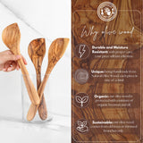 Hand placing olive wood corner spoons in a glass holder beside a why olive wood card