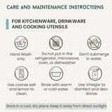 Care and maintenance instructions for olive wood cooking utensils, hand wash only and keep out of water