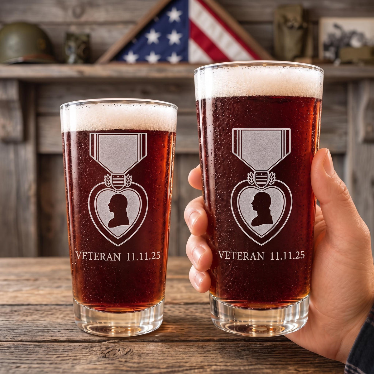 Personalized Veteran Beer Glass | Engraved American Flag Patriotic Barware