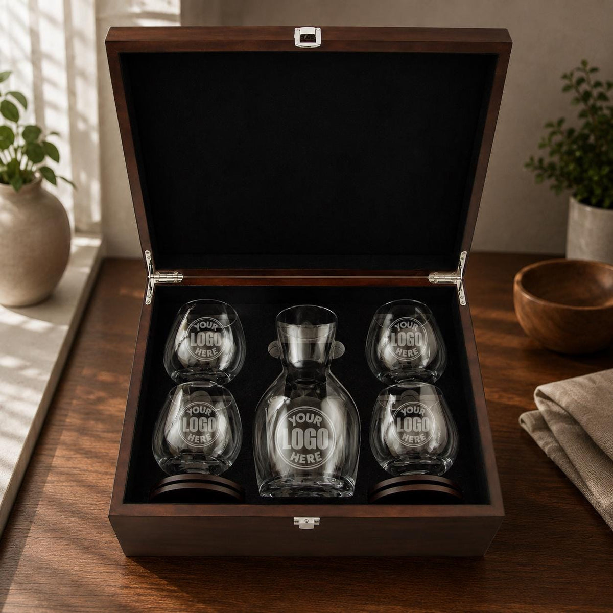 Custom Logo Wine Decanter Set in Wood Box | 4 Stemless Glasses | Corporate Ranch Gift