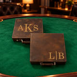 Two 100 chip leather poker sets engraved with sample monogram initials on a poker table