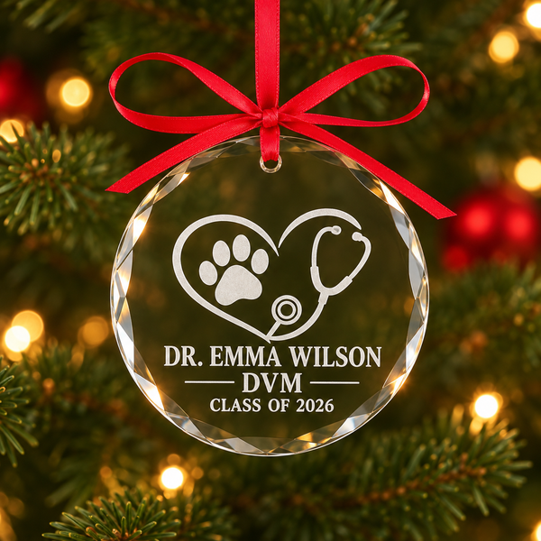 Vet School Graduation Glass Ornament – Engraved DVM Grad Gift